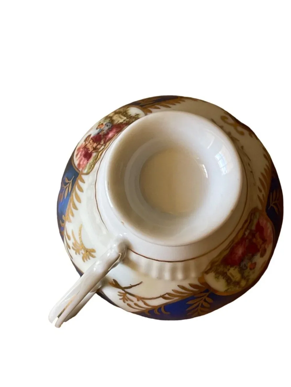 Vintage Cobalt Blue and Gold Teacup Saucer Set Courting Couple Fragonard Style
